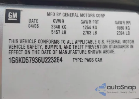 2006 Cadillac Dts Performance z USA, uszkodzony, nr VIN 1G6KD57936U223264